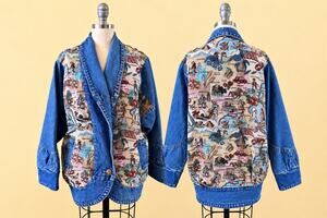Vintage 90s Nadia Denim Tapestry Jacket M Americana Map USA Cotton Oversized